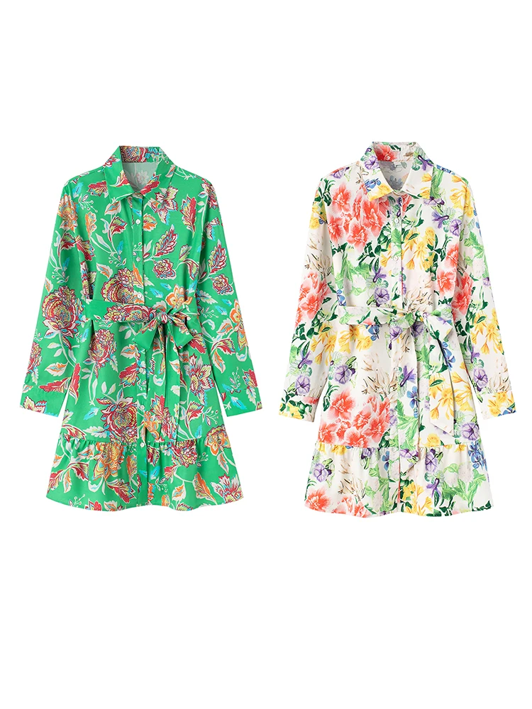

Spring Autumn Bohemian Flower Print Dress Women Turn-down Collar Single Breasted Shirt Dresses With Belt 2022