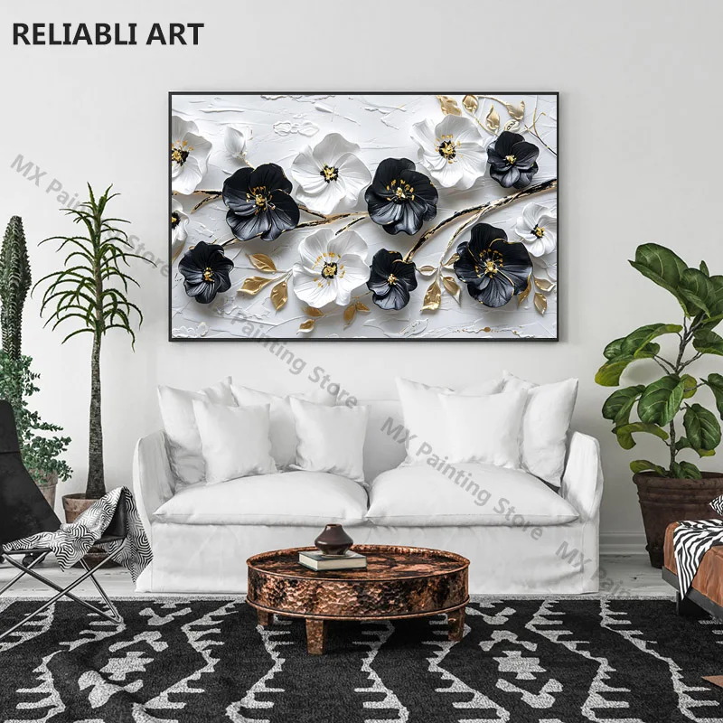 Абстрактное искусство черно-белые цветы Золотые листья на холсте плакаты