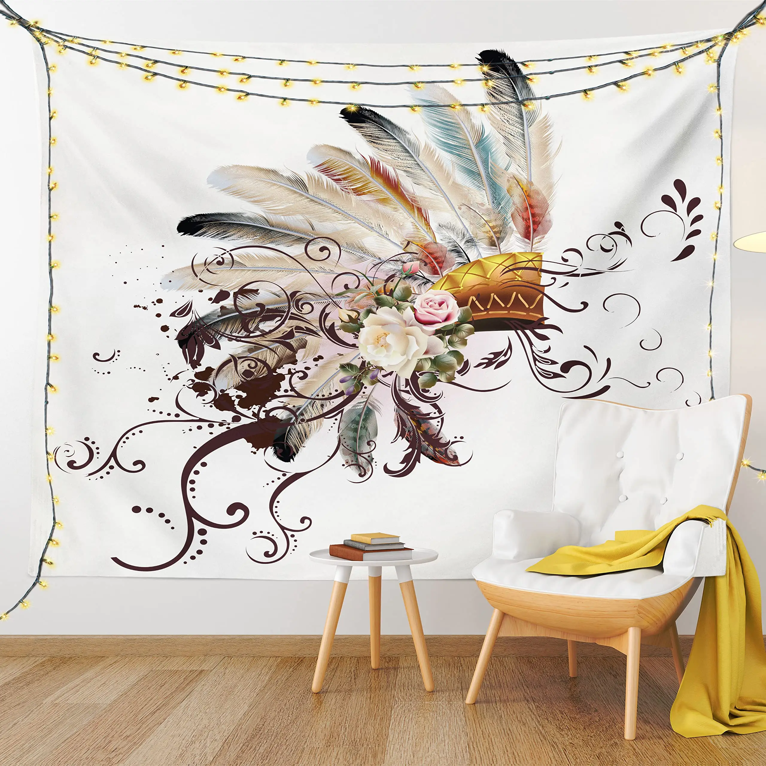 

Feather Tapestry, Floral Arrangements Head Wear Flowers Swirls Shapes, Wide Wall Hanging for Bedroom Living Room