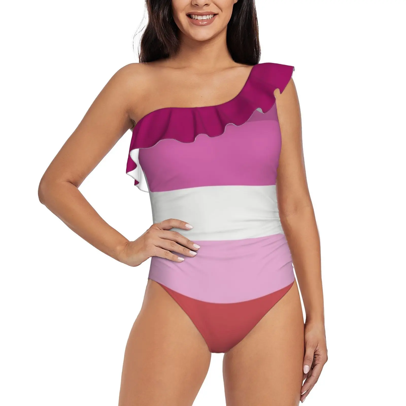 Купальник на одно плечо с оборками Цельный купальник принтом женский купальный