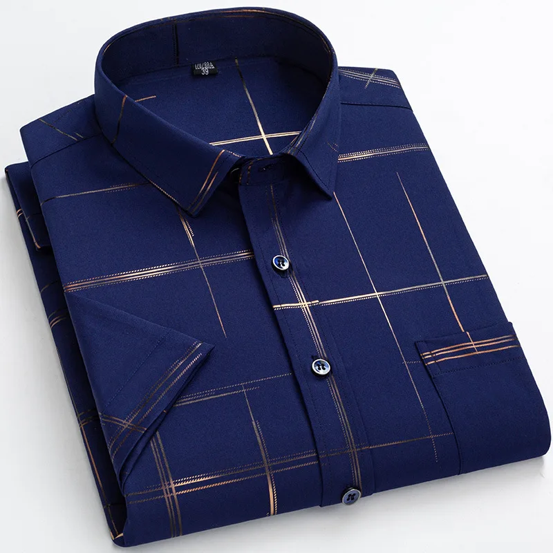 New men's summer short-sleeved plaid shirt bronzing stretch anti-wrinkle everyday casual with pocket dad's square collar |