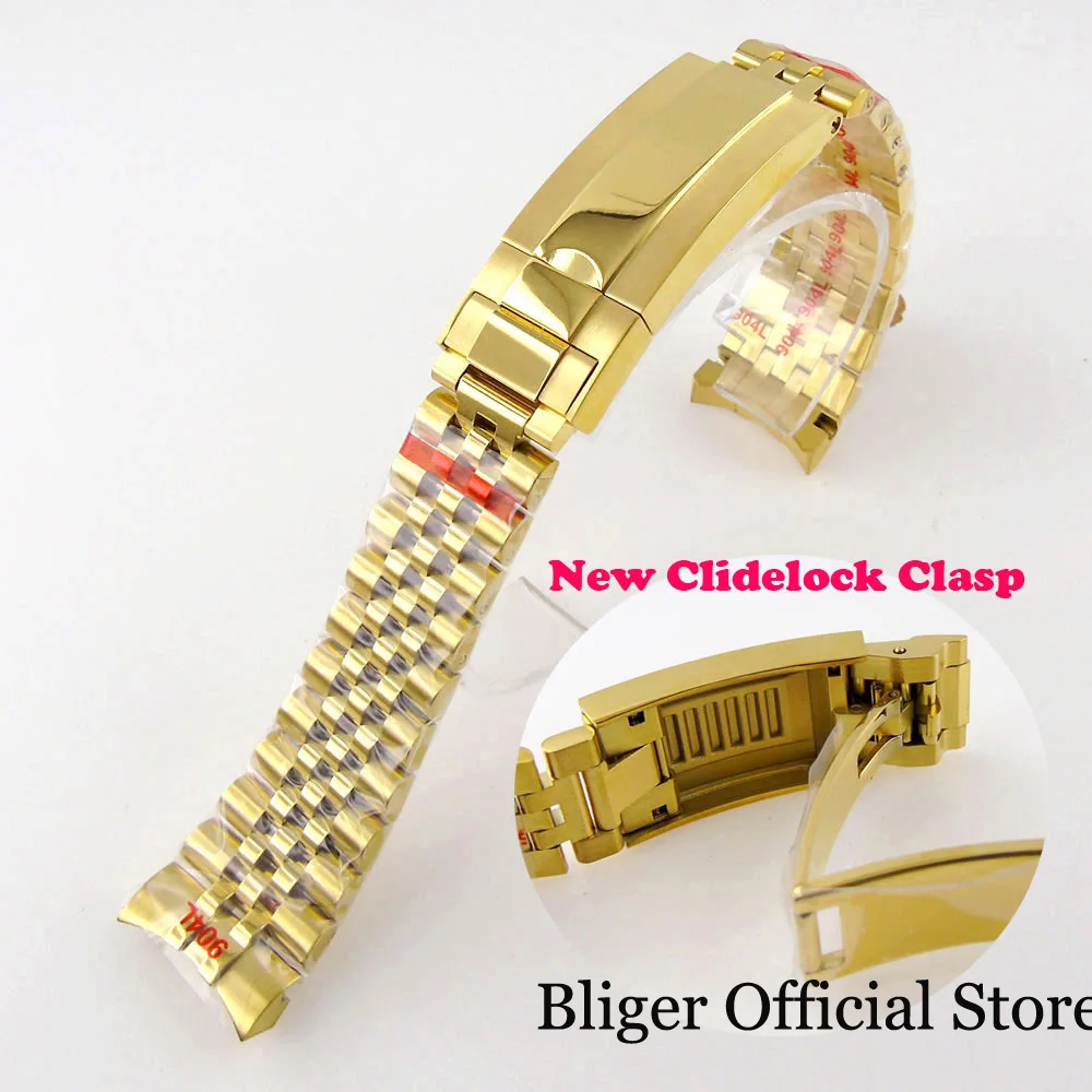 BLIGER Silver Gold Nologo 20mm width Jubilee Strap Bracelet with Slide Glide Lock Clasp 316L Stainless Steel fit GMT Watch