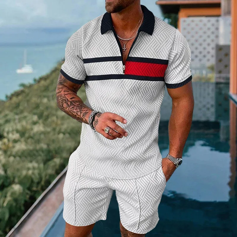 Summer Fashion Men's Sportswear Suit Printed Polo Shirt Suit Men's Slim T-Shirt Jogging Zipper Sportswear Two-Piece Set