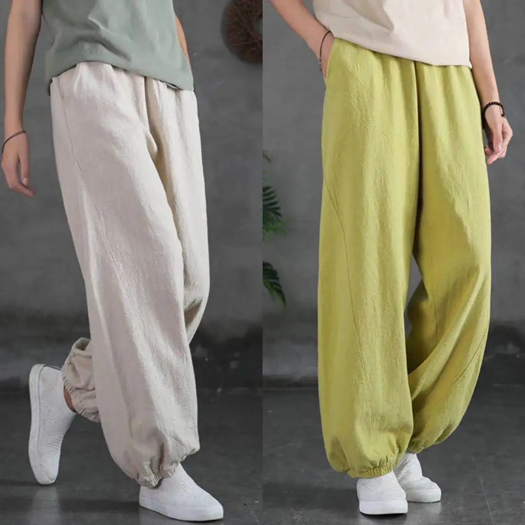 2022 All-Season Cotton Hemp Thin Pants Loose Women Vintage Solid Color Women'S Bloomers High-Waisted Relaxed Commuter Pants