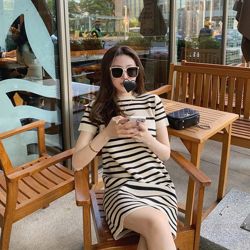 

Женское трикотажное платье миди в полоску, повседневное винтажное элегантное платье во французском стиле, лето 2021