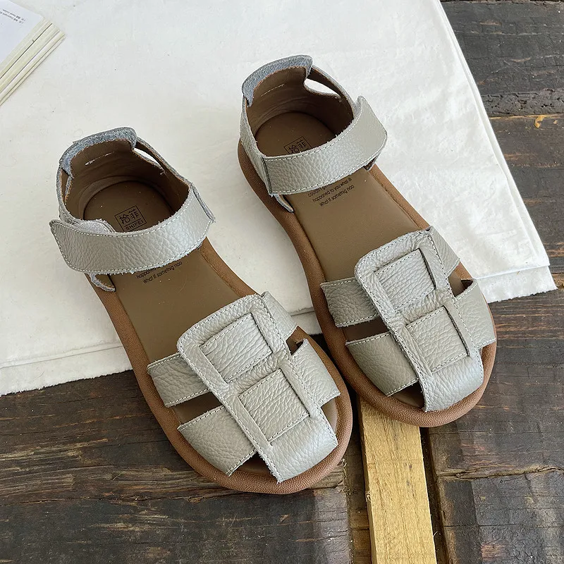 Careaymade-Summer Genuine Leather soft soles sandals,women Roman artistic round toe flat shoes,cowhide Comfortable women's shoes