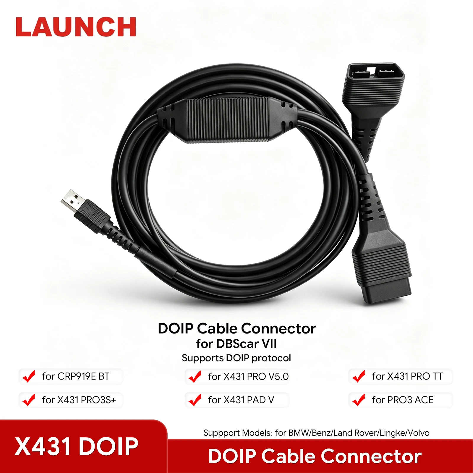 Фото Кабель-адаптер LAUNCH X431 DOIP 16-контактный, поддержка протоколов DOIP для автомобилей, совместим с CRP919E BT Pro3S+ V5.0 DBScar VII Pro TT №1
