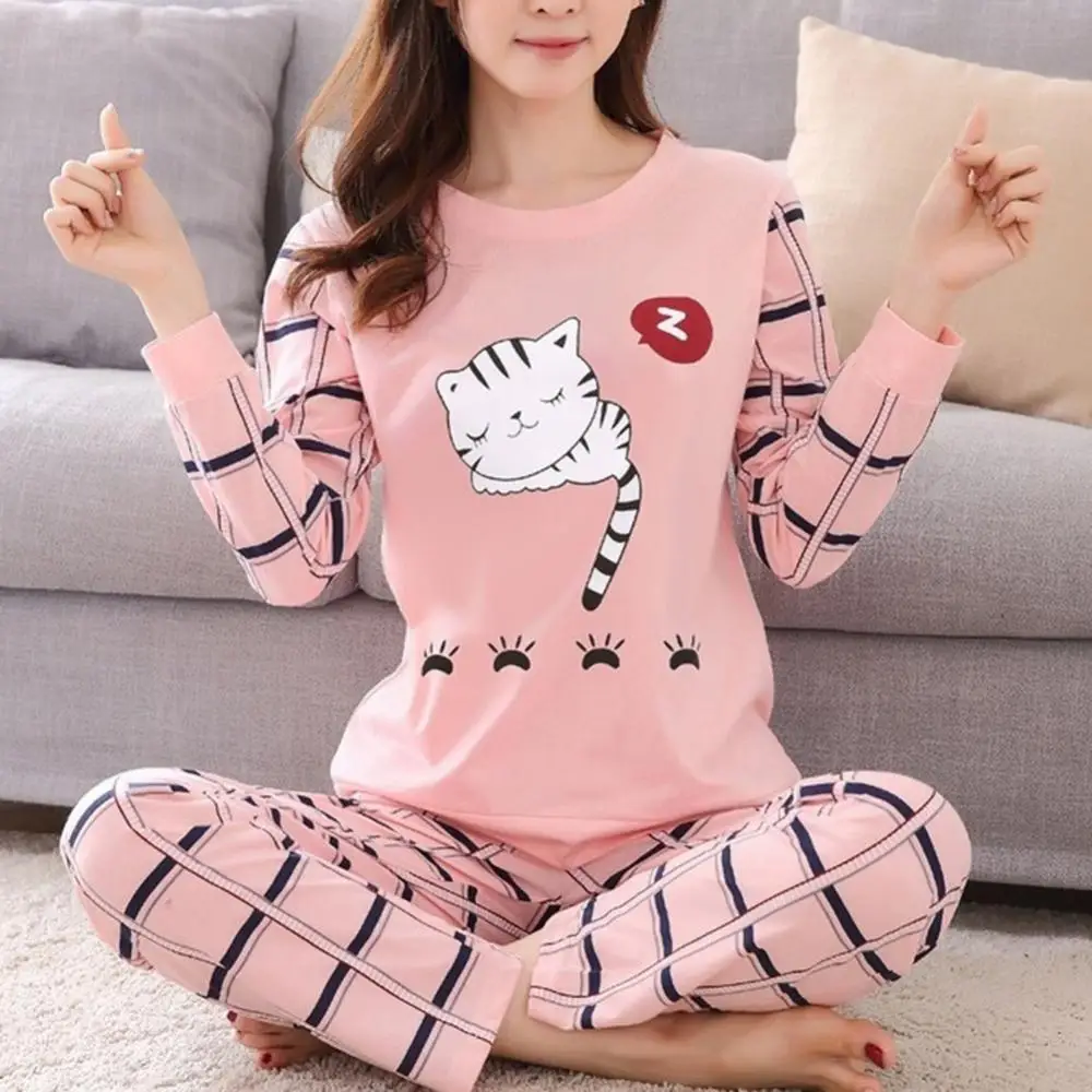 

Winter Cute Cartoon Cater Print Pajamas Long Sleeve Two Piece Home Wear Women Casual O-Neck Pyjamas