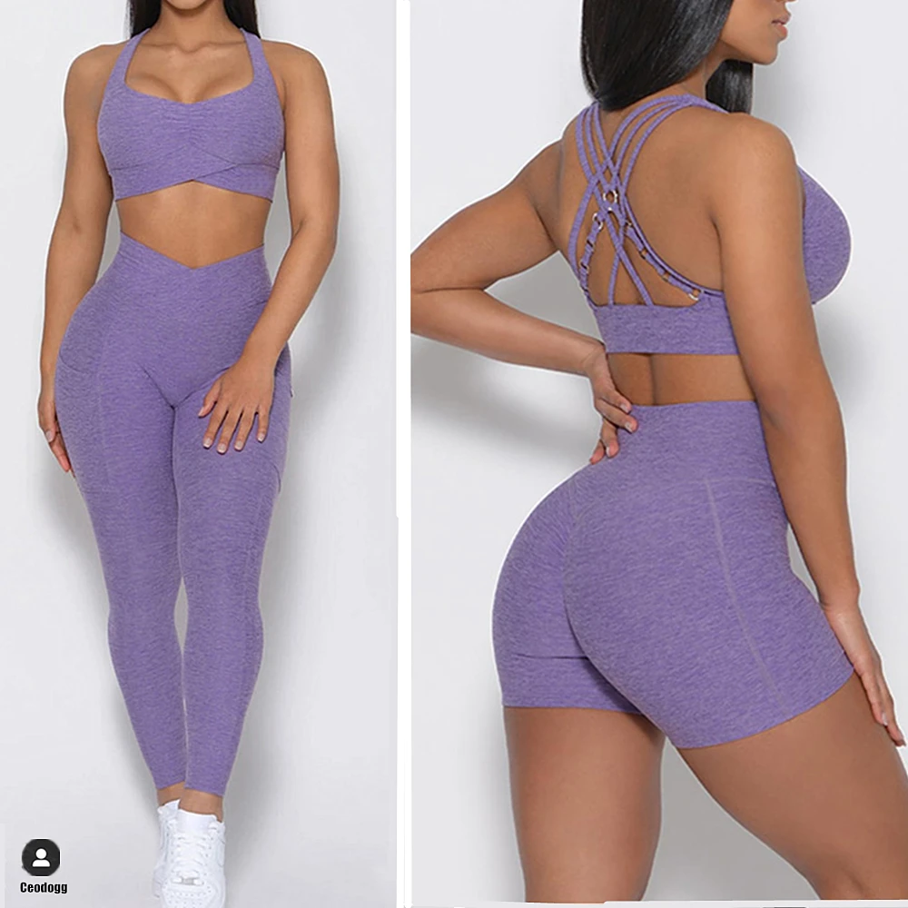 2023 Back Mental Contour Yoga Set Cross V High Waist Pocket Push Up Squat Proof Yoga Pant Sports Bra Fitness Gym Active Suits