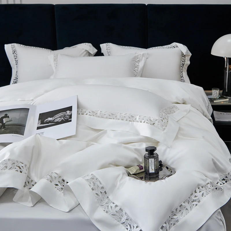 

High Quality 1200TC Egyptian Cotton Hollow Out Lace Broad Side Luxury Bedding Set Duvet Cover Flat/Fitted Bed Sheet Pillowcases