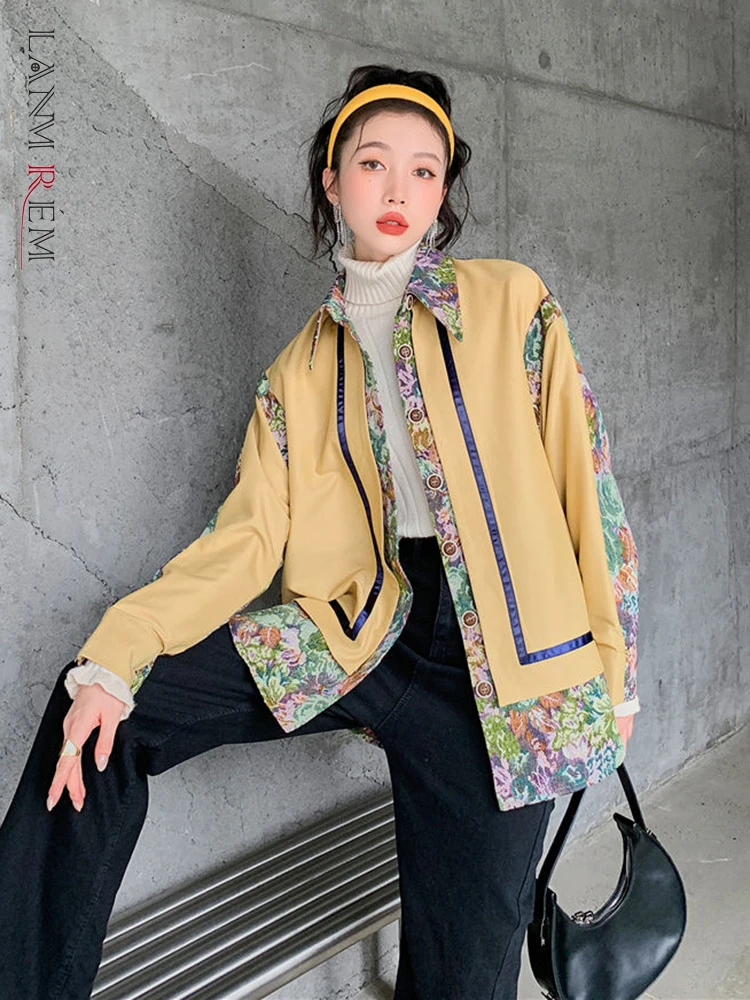 

LANMREM Patchwork Color Block Shrit For Women Turn-down Collar Printing Floral Long Sleeve Tops Fashion 2022 Autumn 2N782