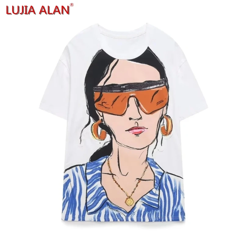 

Summer New Women Placement Printed White Knitted Loose T-shirt Casual Female O-Neck Short Sleeve Tops LUJIA ALAN T1837