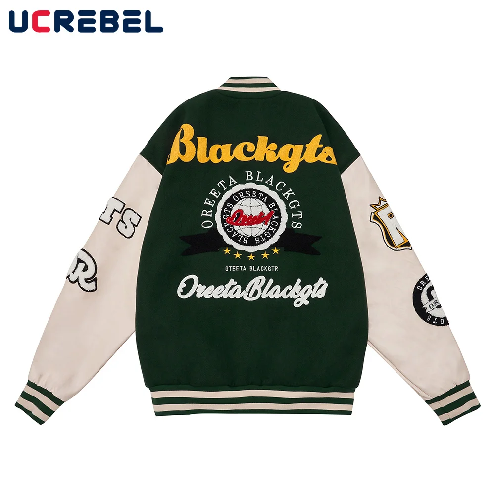 

Letter Embroidery Mens Baseball Uniform Autumn Winter Pu Leather Sleeve Jacket Streetwear V-neck Loose Outerwear Men
