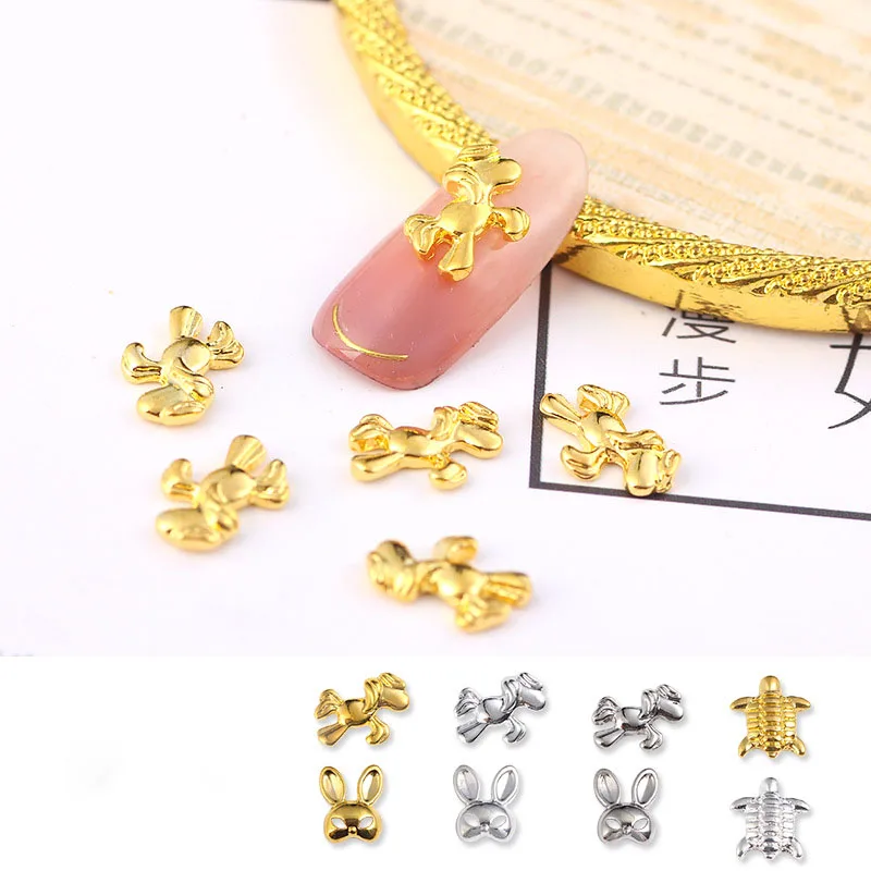 

50Pc Nail Art 3D Animal Design Charms Alloy Rabbit Horse Tortoise Shaped Gold Silver Cute Stones Jewelry For Nail Art Decoration