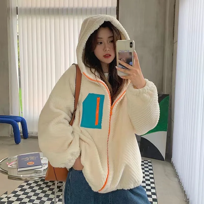Lamb Wool Fur Jacket Hooded Plush Grain Fashion Streetwear Vintage Zipper Patchwork Jacket Hooded Thick Coat Korean Style Ins