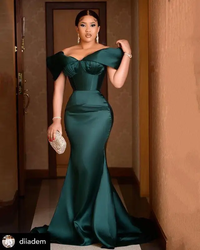 

Arabic Dark Green Evening Dresses Elegant Off the Shoulder Satin Mermaid Ruched Pleats Custom Made Plus Size Dubai Prom Party