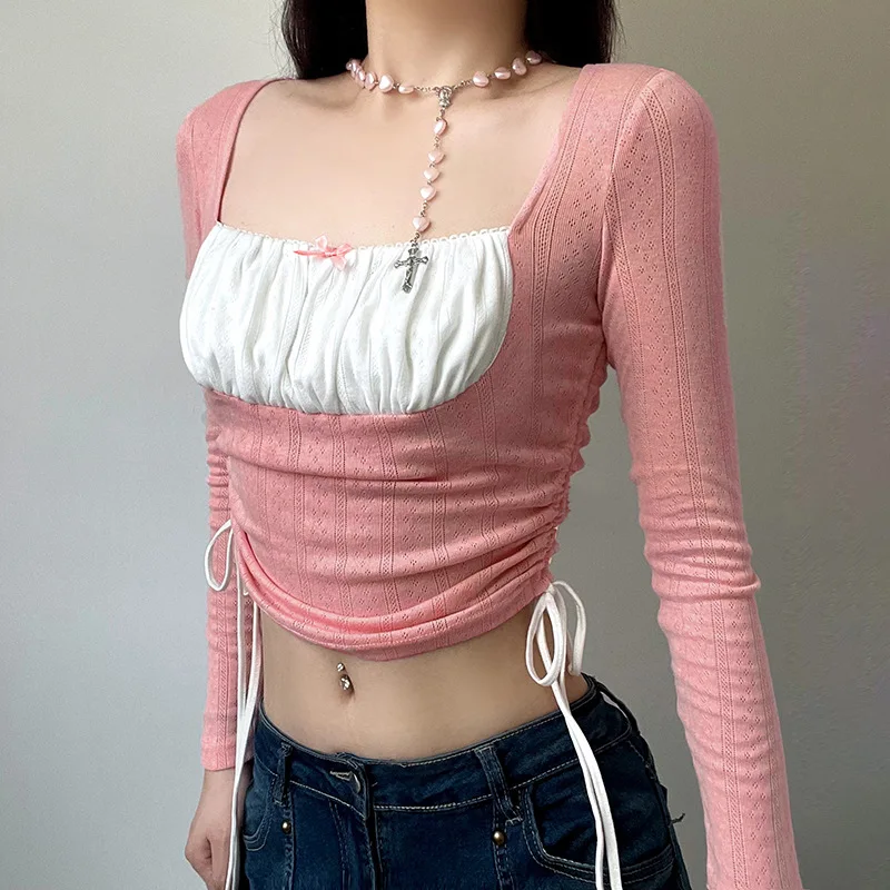 

Sweet Patchwork Y2K Chic Shirts Draswtring Shirring Pink Tops Tee Long Sleeves Square Collar 90s Outfits Clothes Bow T-shirts