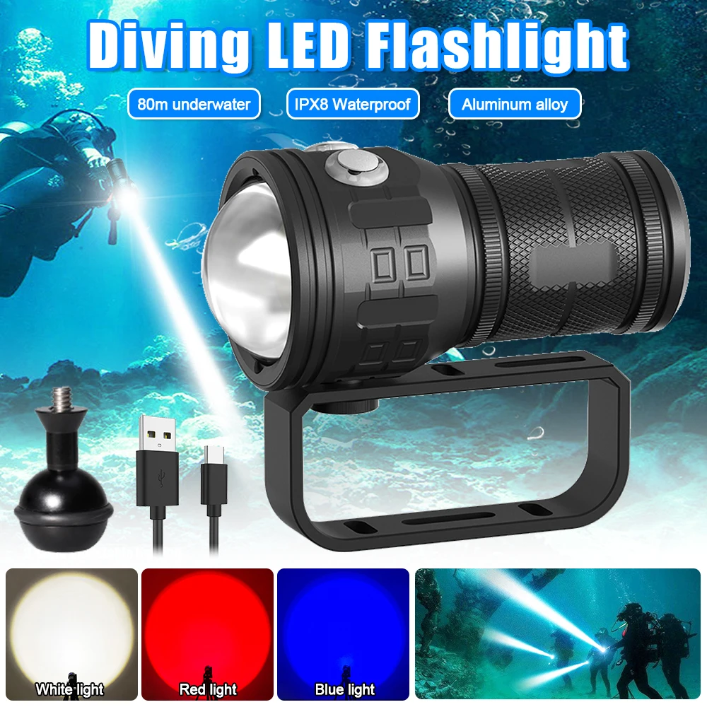 Super bright Diving Flashlight LED 3 color Underwater Fill Light Torch Rechargeable IPX-8 Waterproof Built in Battery Lantern