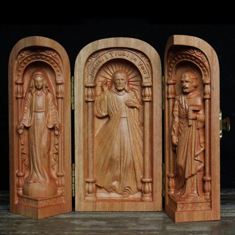 

Creative Portable Holy Family Box Solid Wood Three Open Small Statue Home Decoration Accessories Craft Gift Mini Christian Altar