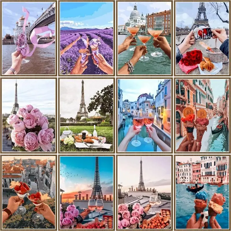 

CHENISTORY Pictures By Number Food Landscape Kits Handpaint Drawing On Canvas Painting By Numbers Tower Scenery Home Decor