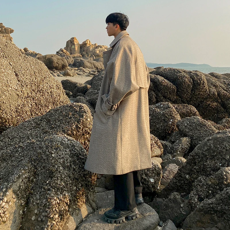 

2022 Youth Spring and Autumn Apel Long Sleeve Korean Style Casual Double Breasted Men's Woolen Coat Trench Jacket Clothing Q133