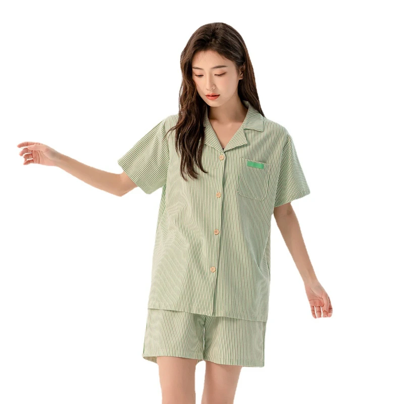 Summer Pajamas Women's Cool Feeling Striped Short-sleeved Cardigan Comfortable Home Wear Home Service Suit Comfortable Sleepwear
