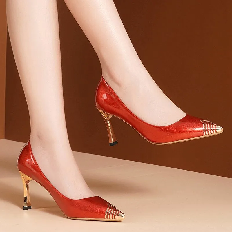 

Women Pumps Gold Metal Pointed Toe High Heels Dress Shoes Gold Heeled Stilettos Ol Office Ladies Shoes Basic Boat Shoes 991689