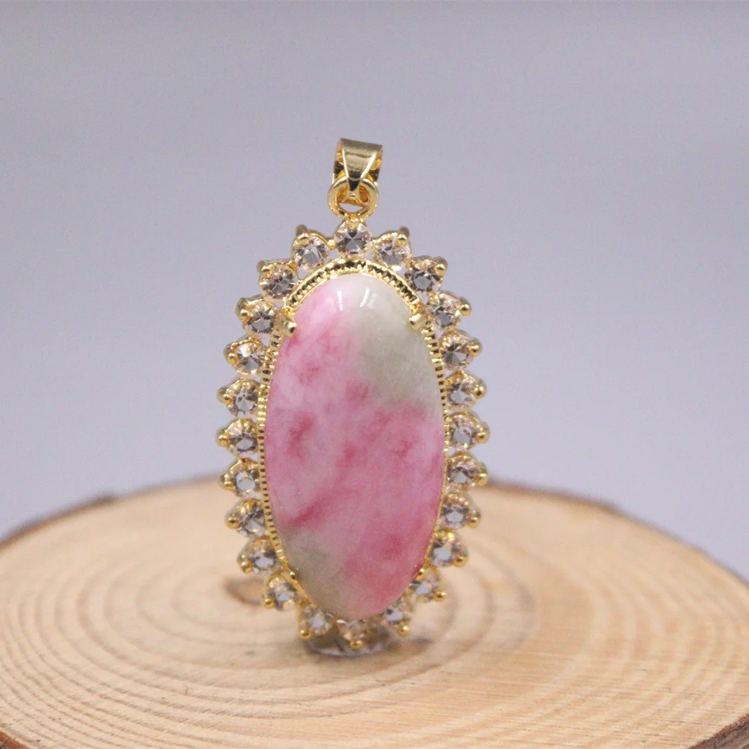 

Hot Sale 18K GP Alloy Pink Chalcedony Zircon Women Lucky Ellipse Pendant