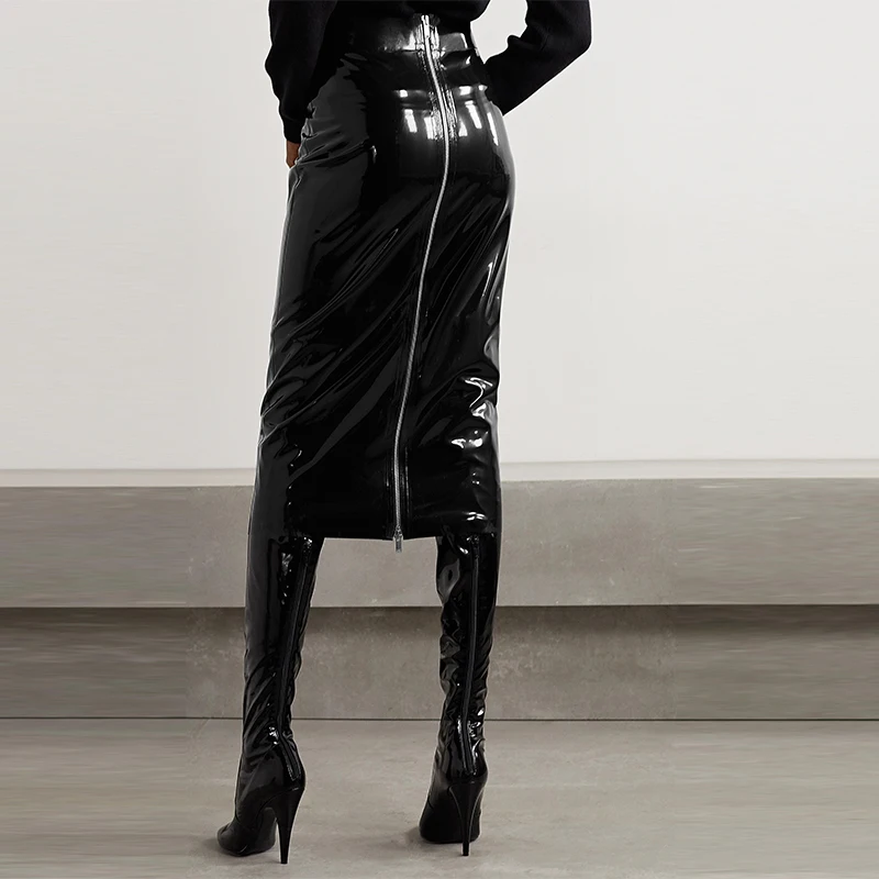 

Women Patent Leather Full Zip Shiny Skirts Sexy Latex 3XL 4XL Plus Size Slim Skirt Lady High Waist Knee Length Midi Skirt Custom