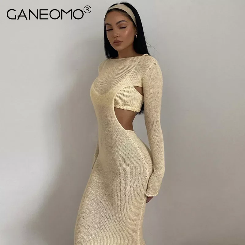 

Long Sleeve Knitted Maxi Dress for Women 2022 Autumn Sexy Bodycon Cut Out Party Club Tight Long Dresses Elegant Black Clothing|D