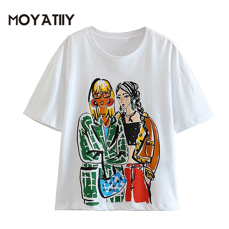 

Женская летняя футболка MOYATIIY, Модная хлопковая футболка с художественным принтом, короткая рубашка, женские топы с коротким рукавом