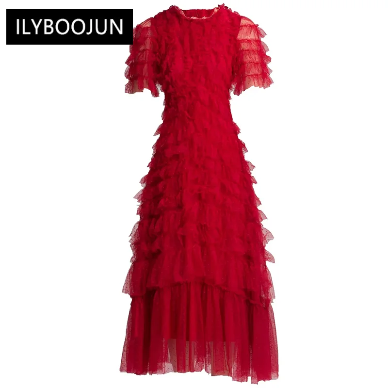 Dresses For Women 2023 Summer Runway Luxury Designer Elegant Short sleeve Cascading Ruffle Mesh Slim Red Evening Party Dress