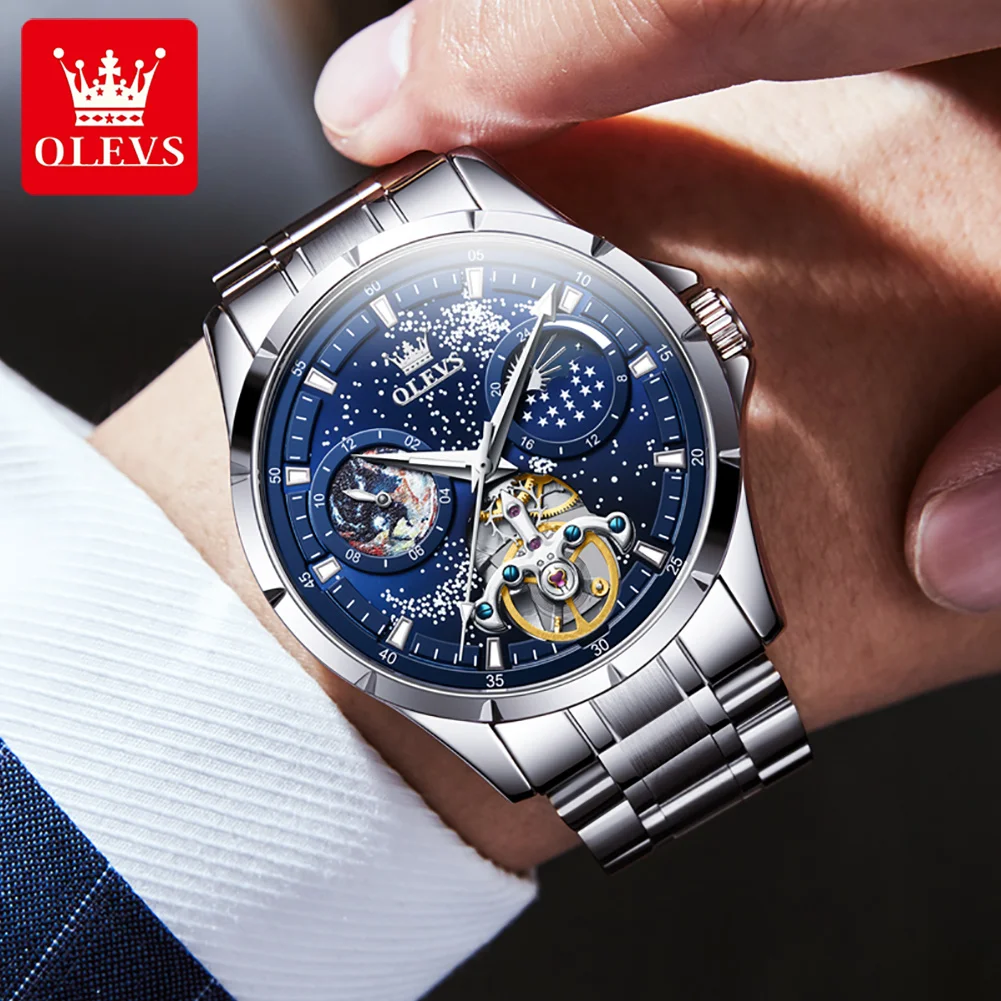 OLEVS Fashion Starry Sky Dial Moon Phase Mechanical Watch for Men Stainless Steel Waterproof Automatic Tourbillon Watches Mens