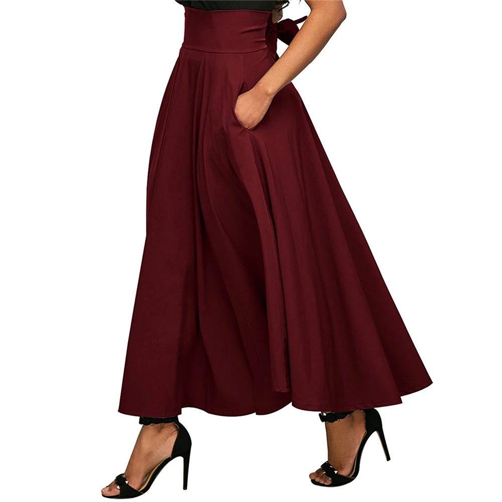 

New Fashion Women Solid Color High Waist Plicated Skirts Side Slit Belt Pockets Retro Bust Skirt Long Skirt