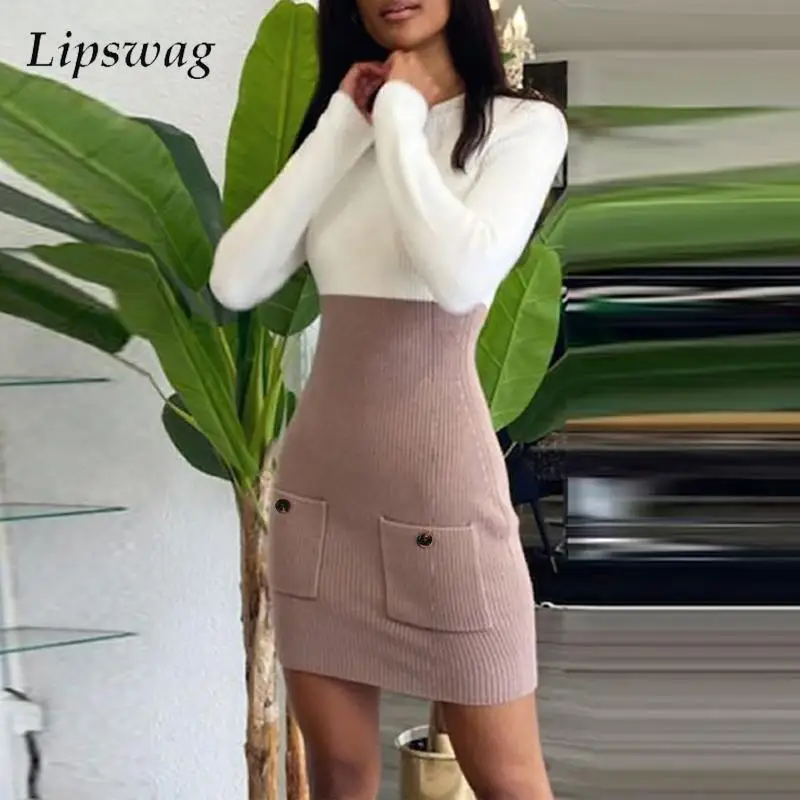 

Fashion Ladies Ribbed Knit Sweater Dress Elegant Pockets Splicing Contrast Color Slim Dress Women O Neck Long Sleeve Mini Dress