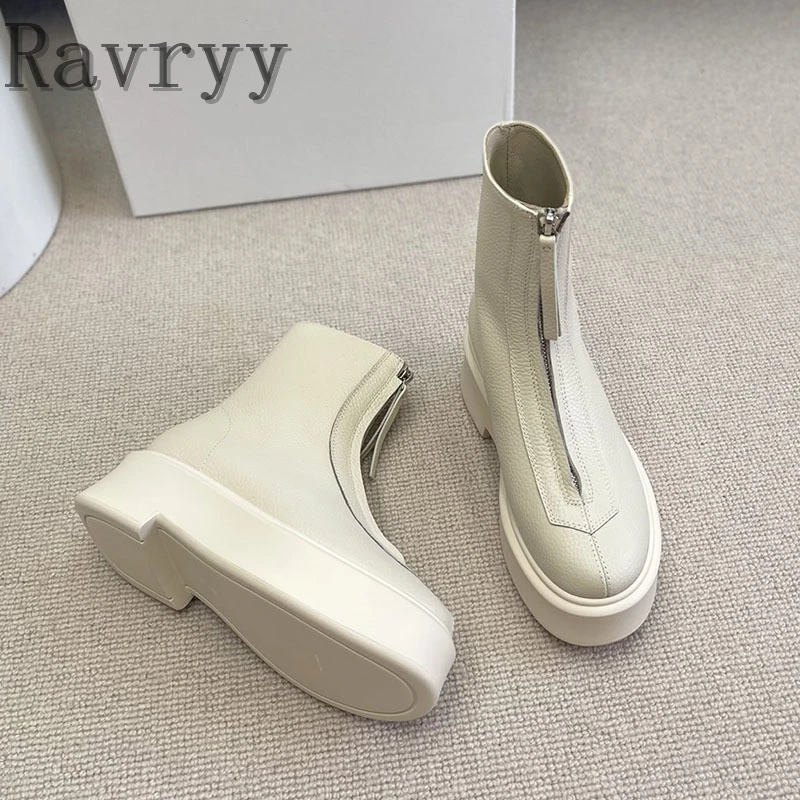 Ботинки женские короткие из натуральной кожи на молнии спереди с круглым носком