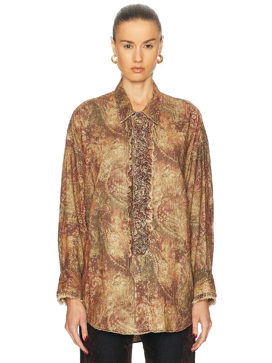 2024 женская модная рубашка шелковая с 3D принтом и рюшами свободный повседневный