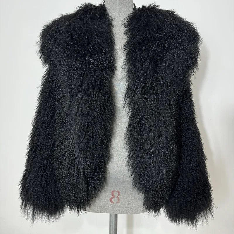 Настоящая дубленка монгольский мех ягненка длина 60 см женская куртка из