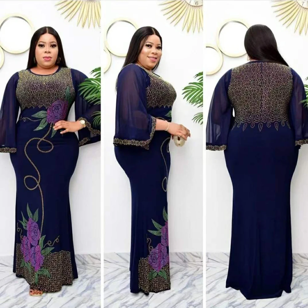 

Plus Size African Mesh Dress for Women Elegant Flower Dashiki clothes Boho Robe Abaya Femme Mesh Sleeve Ankara Styles Outfits