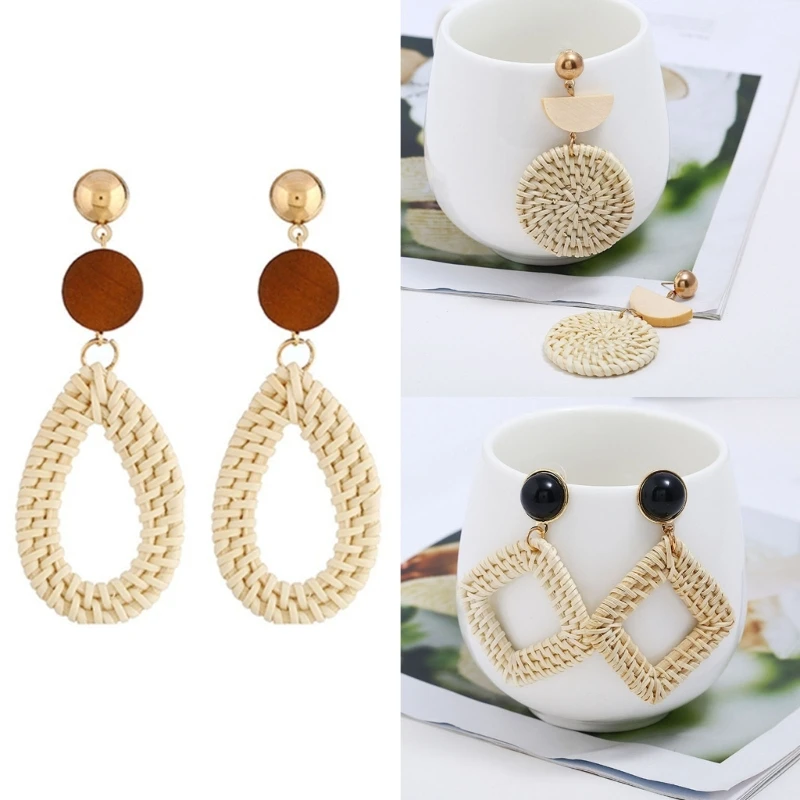 

Rattan Earrings Boho Earrings Handmade Woven Wicker Hoop Earrings Dangle Earring T8DE