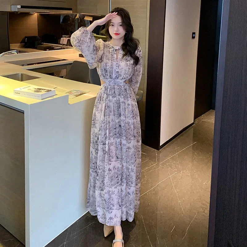 Новинка весны 2023 шифоновое пляжное платье с длинными рукавами для отдыха длинное