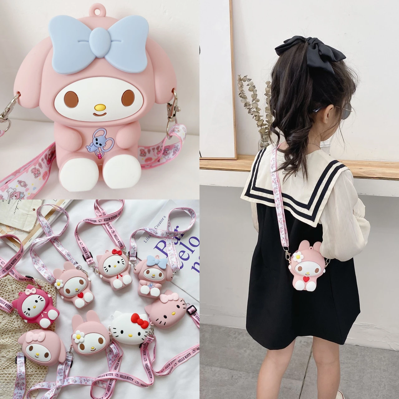 

Kawaii Sanrios My Melody KT cat Cartoon Mini Coin Purse anime cute Silicone Shoulder Crossbody Bag Girls Purses birthday present