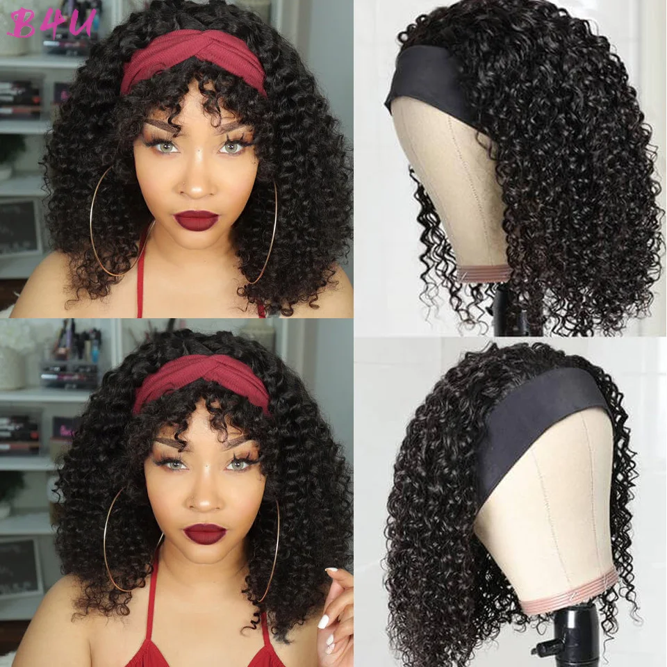 

Curly Headband Wigs Human Hair for Black Women Water Wave Wigs with Headband Natural Color Glueless Short Curly Bob Headband Wig