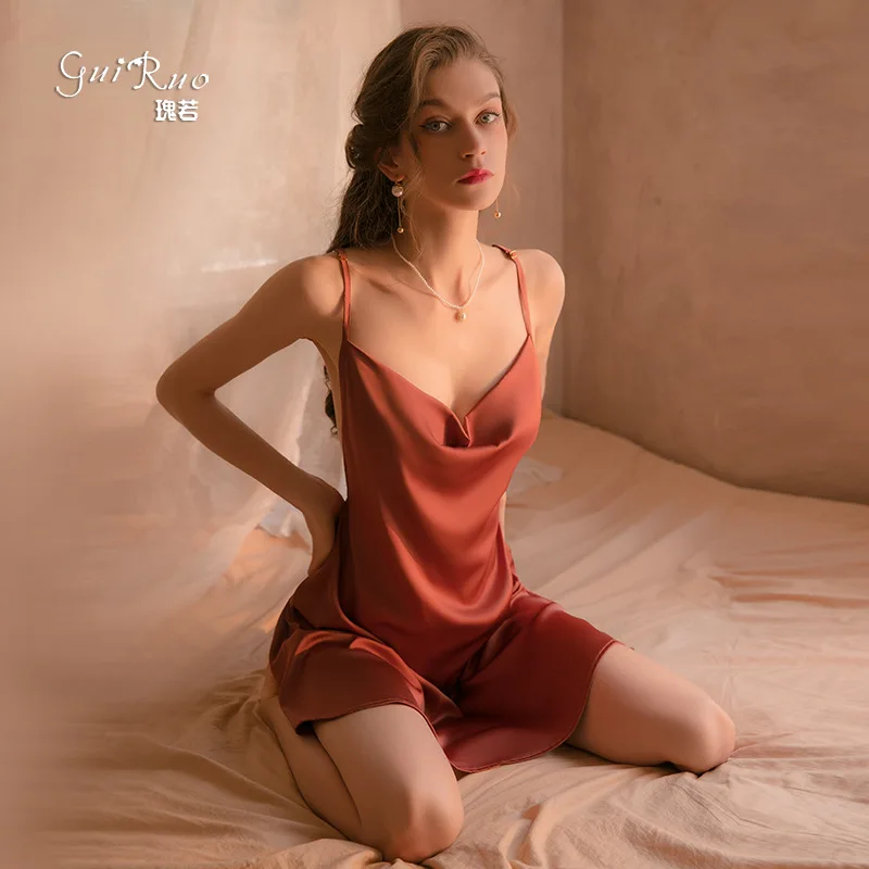 Sexy pajamas Nightgowns Lace backless thin satin sleepwear suspender nightdress for women Homewear Lingerie
