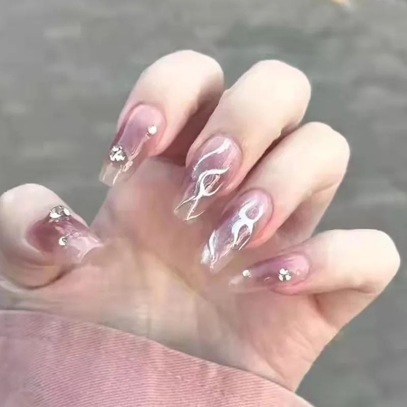 

24Pcs Coffin Ballet False Nail With Silver Color Flame Design Nail Art Decoration Accessories Wearable Press On Fake Nail Tips