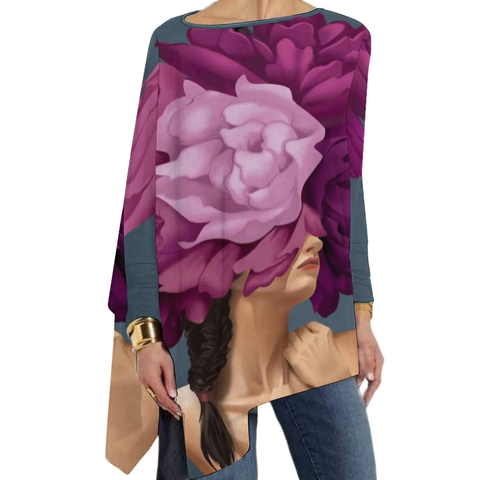 

Elegant Women Head T Shirt Bouquet Woman Vintage Long Sleeve T-Shirts Female Casual Tee Shirt Oversized Pattern Clothing