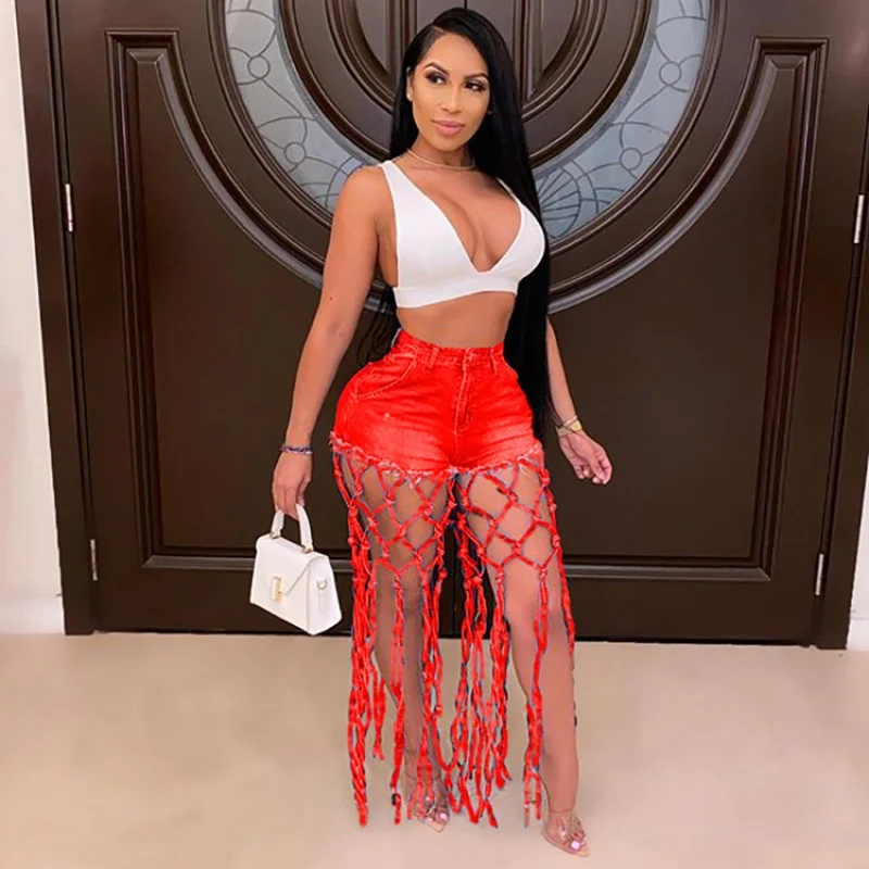 

Hot Denim Fishnet Women Jeans Zipper Fly High Waist Denim Hot Pants 2022 Summer Workout Activewear Sexy Hollow Out Party Club Sh