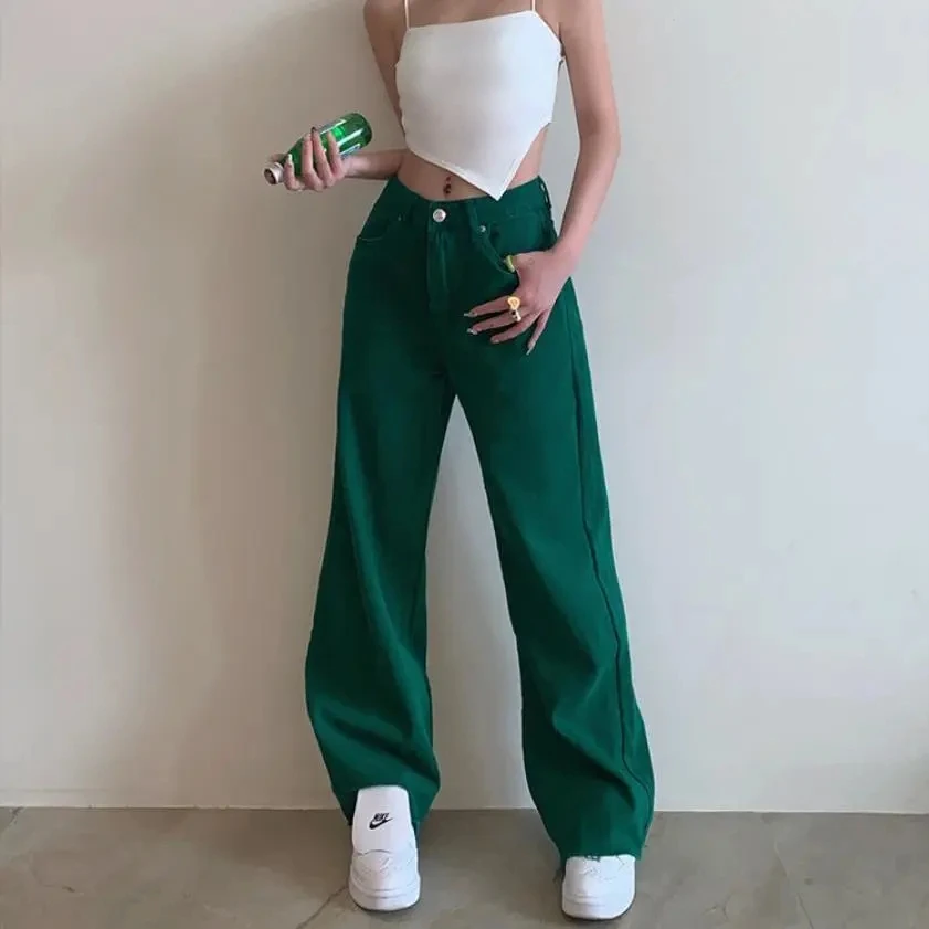 Green Denim Jeans women Vintage Cute Chic Straight Pants Baggy Streetwear Women Trousers Aesthetic Bottoms