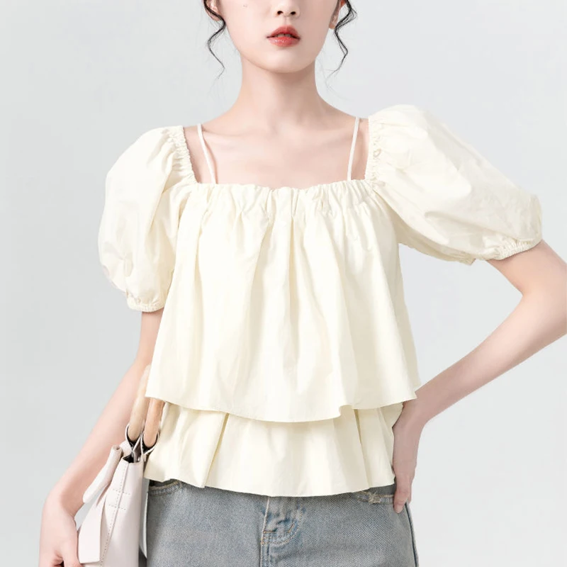 Y2K Милая однотонная женская блузка со складками Новая на тонких бретелях Модный
