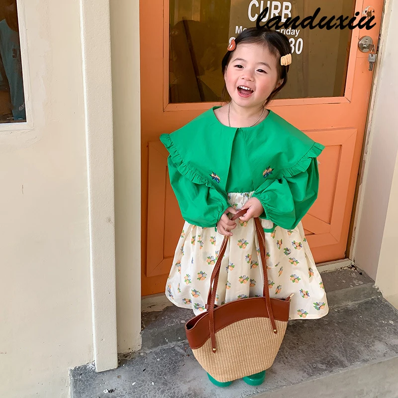 

Новинка 2022, весенние блузки с цветочной вышивкой для маленьких девочек, блузки с оборками и воротником, Детские Топы с длинным рукавом, Детс...